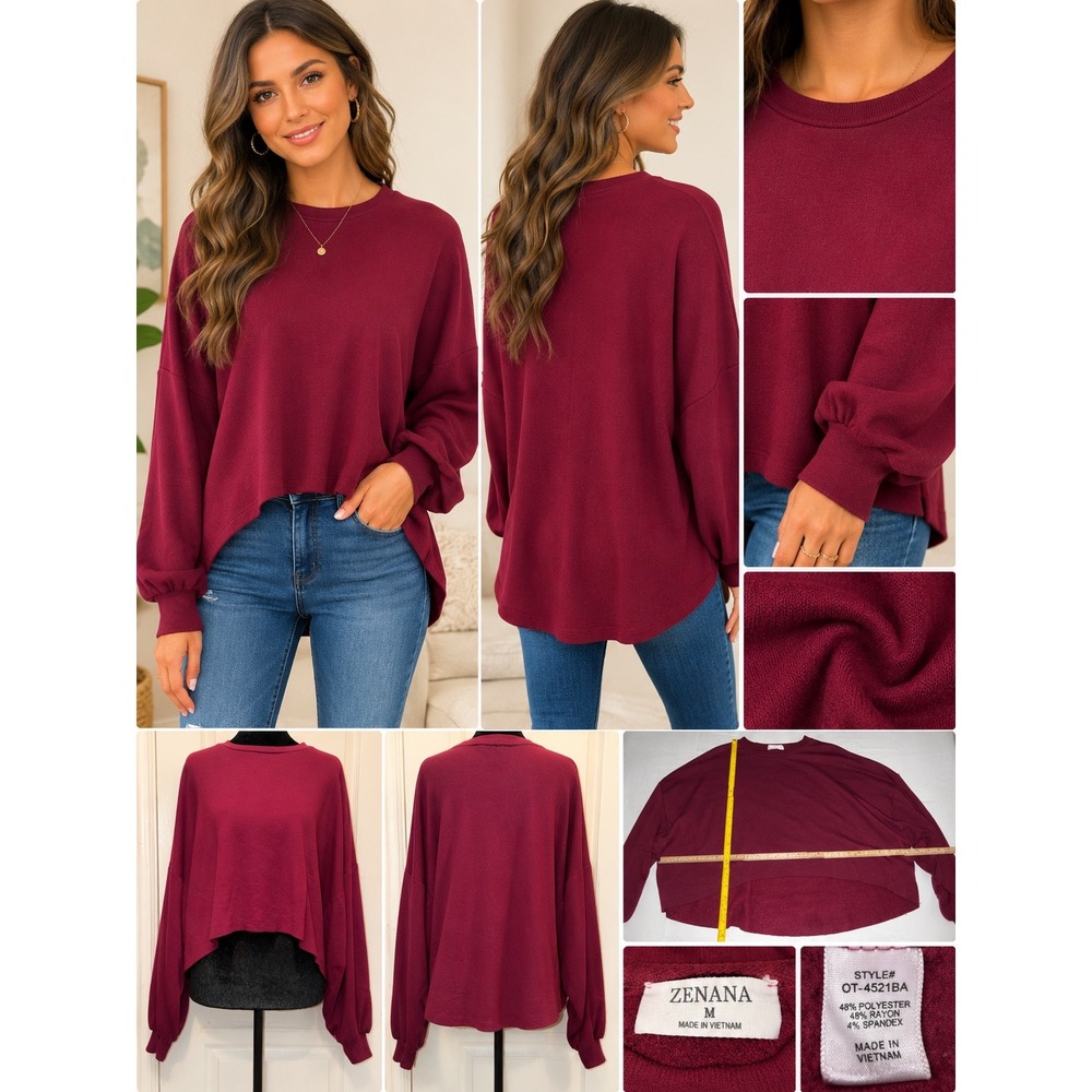 Zenana Womens Burgundy Cropped High Low Sweatshirt Fleece Pullover OT-4521BA‎ M